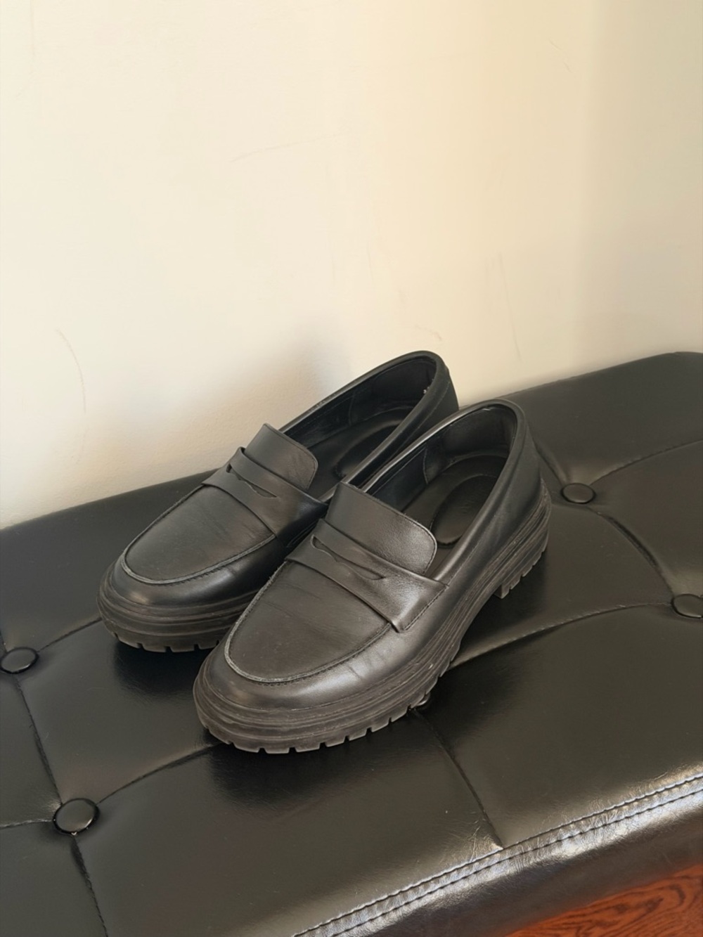 Quince Black Leather Platform Penny Loafers